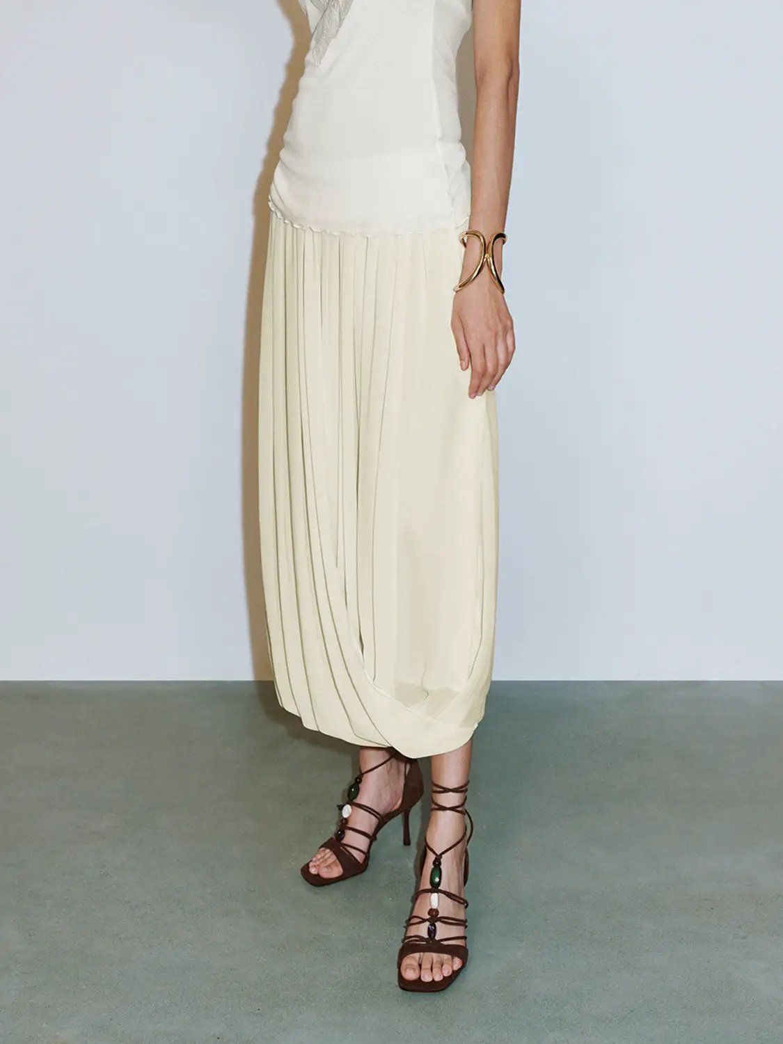 Elastic Waist Draped Pleated Bubble Hem Maxi Skirt