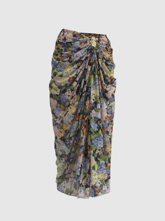 Floral Print Knot Front Wrap High Slit Maxi Skirt