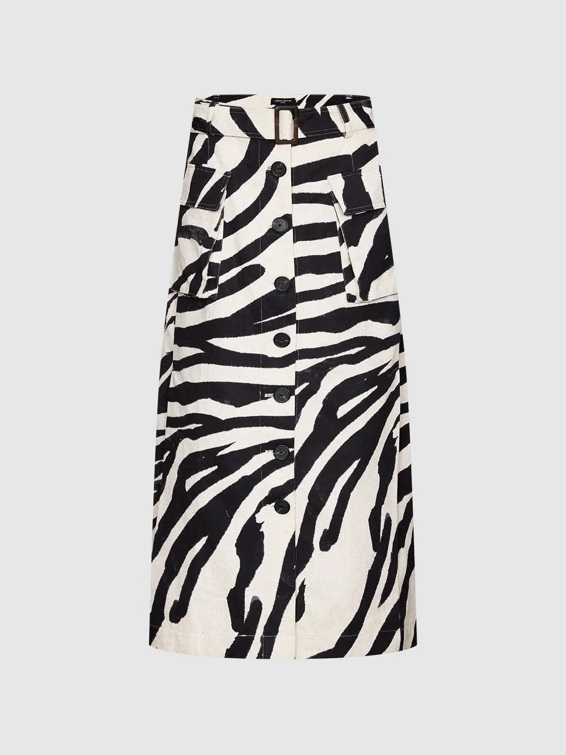 Zebra Print Button-Front Straight Cotton Midi Skirt
