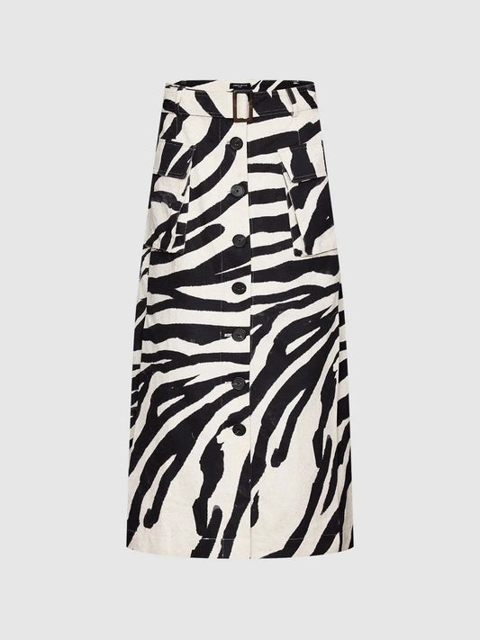 Zebra Print Button-Front Straight Cotton Midi Skirt