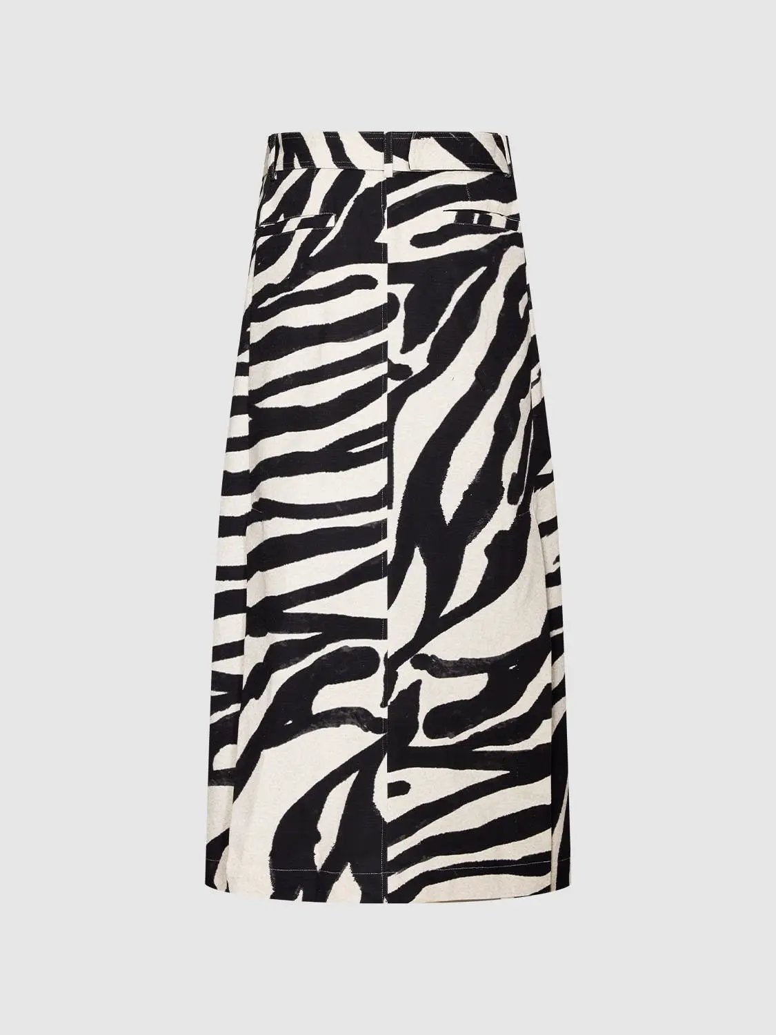 Zebra Print Button-Front Straight Cotton Midi Skirt