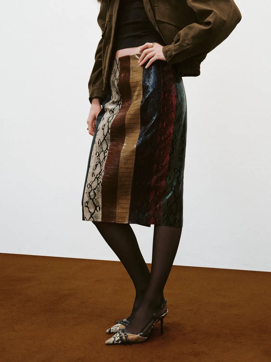 Patchwork Snake Print Panelled H-Line Skirt