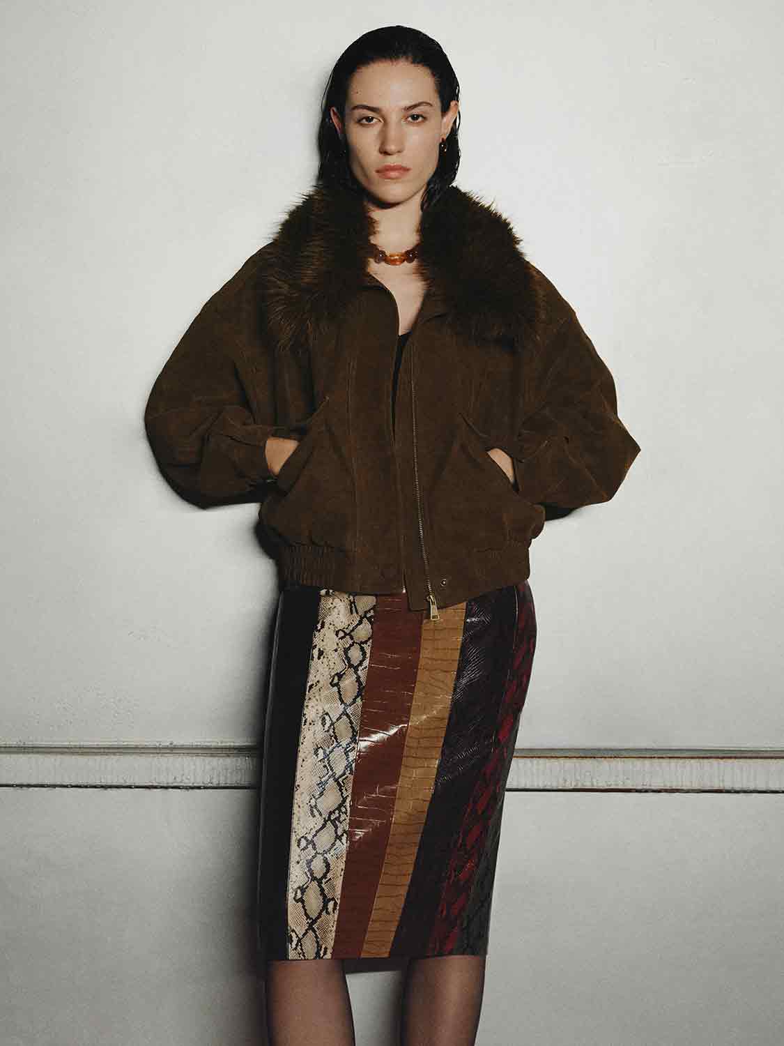 Patchwork Snake Print Panelled H-Line Skirt