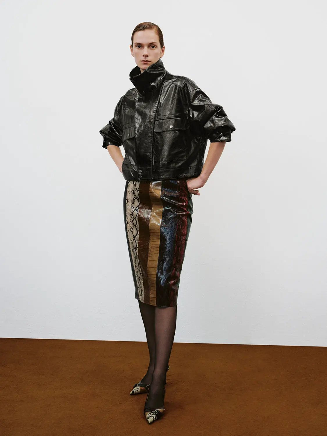 Patchwork Snake Print Panelled H-Line Skirt