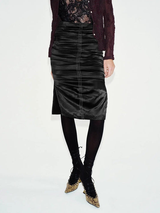 Ruched Contrast Stitching Straight High-waisted Midi Skirt