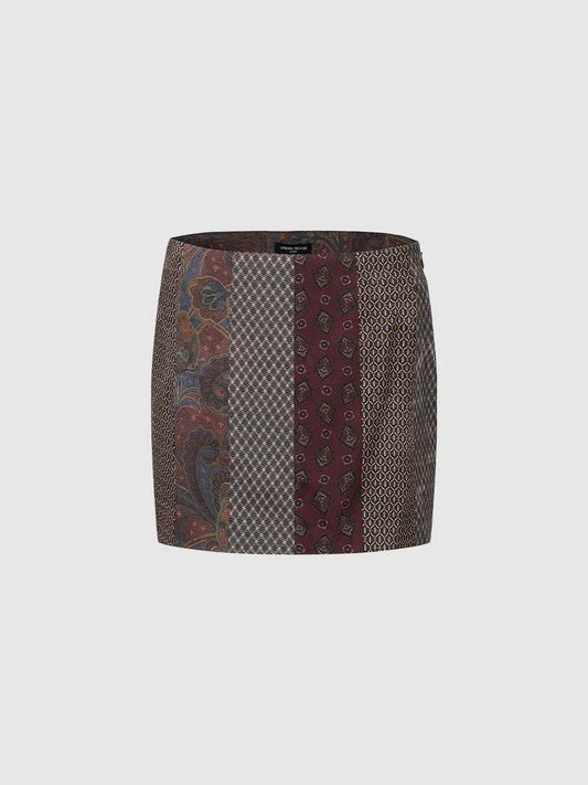 Paisley Geometric Patchwork Print Mid-rise H-Line Mini Skirt