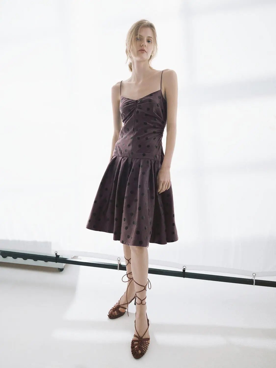 Ruched Polka Dot A-Line Sleeveless Midi Dress