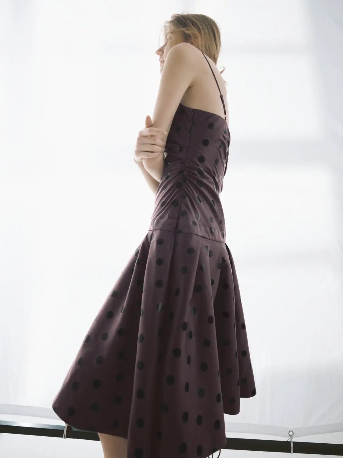 Ruched Polka Dot A-Line Sleeveless Midi Dress