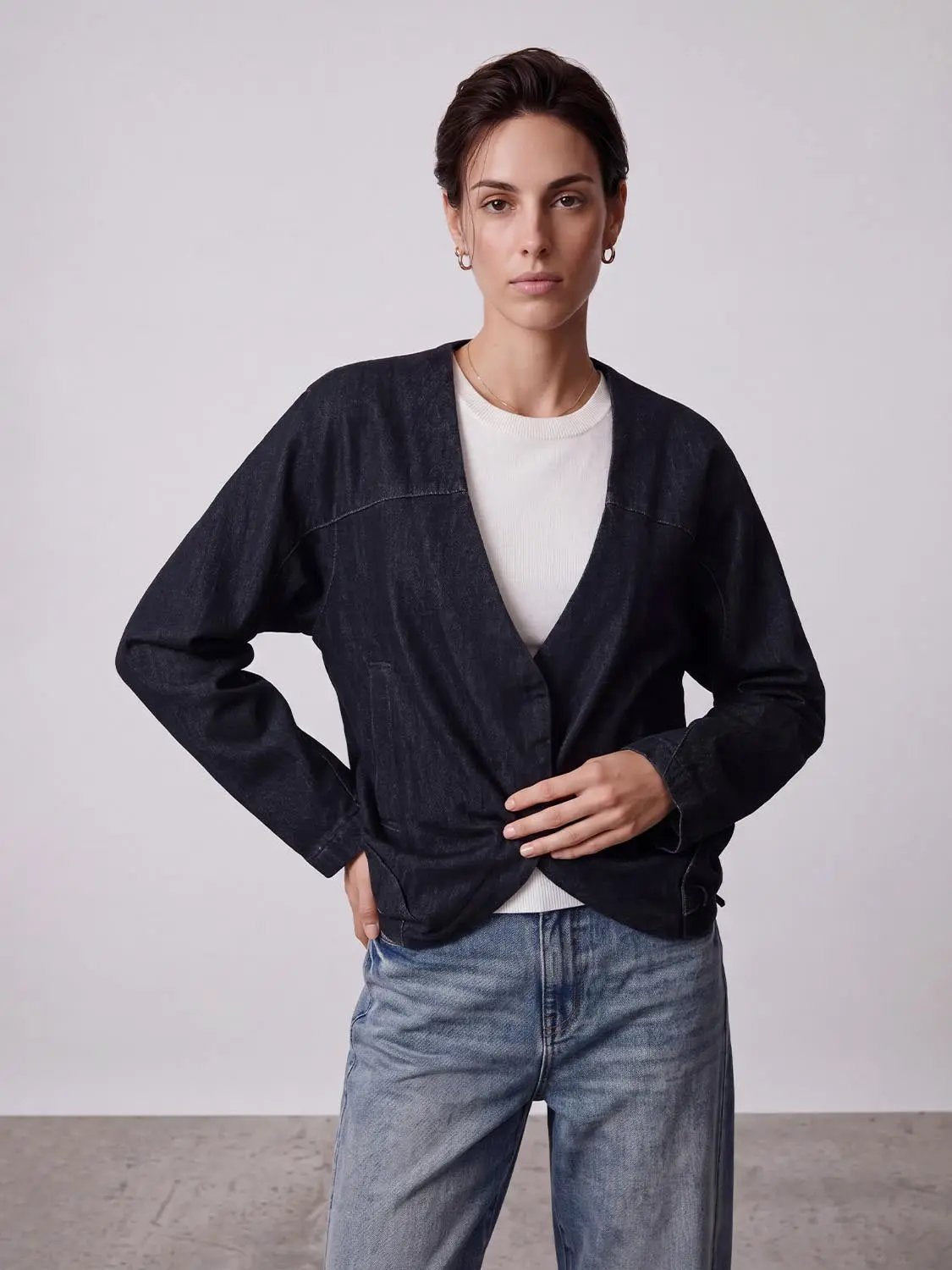 V-Neck Oversized Knot Hem Textured Weave Cotton Jacket