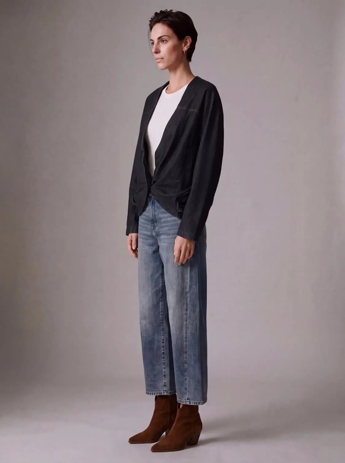 V-Neck Oversized Knot Hem Textured Weave Cotton Jacket