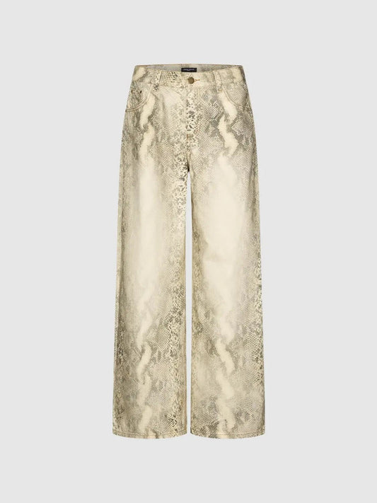 Animal Print Wide-leg Cotton Blend Jeans