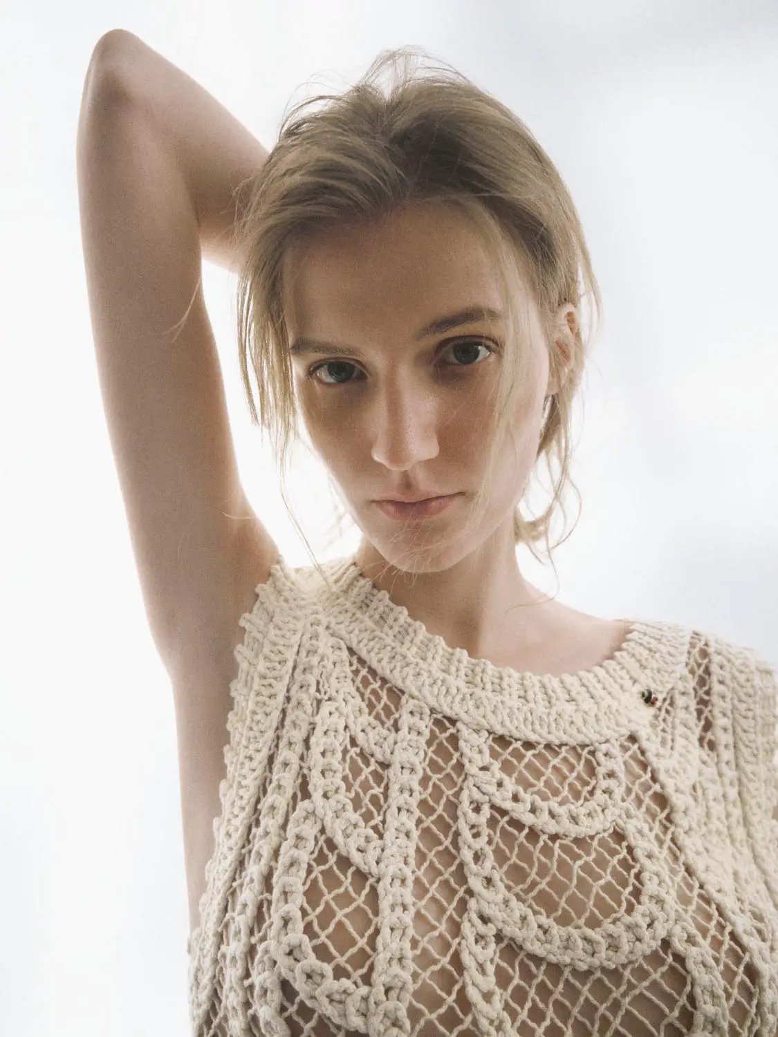 Textured Openwork Crochet Knit Cotton T-shirt