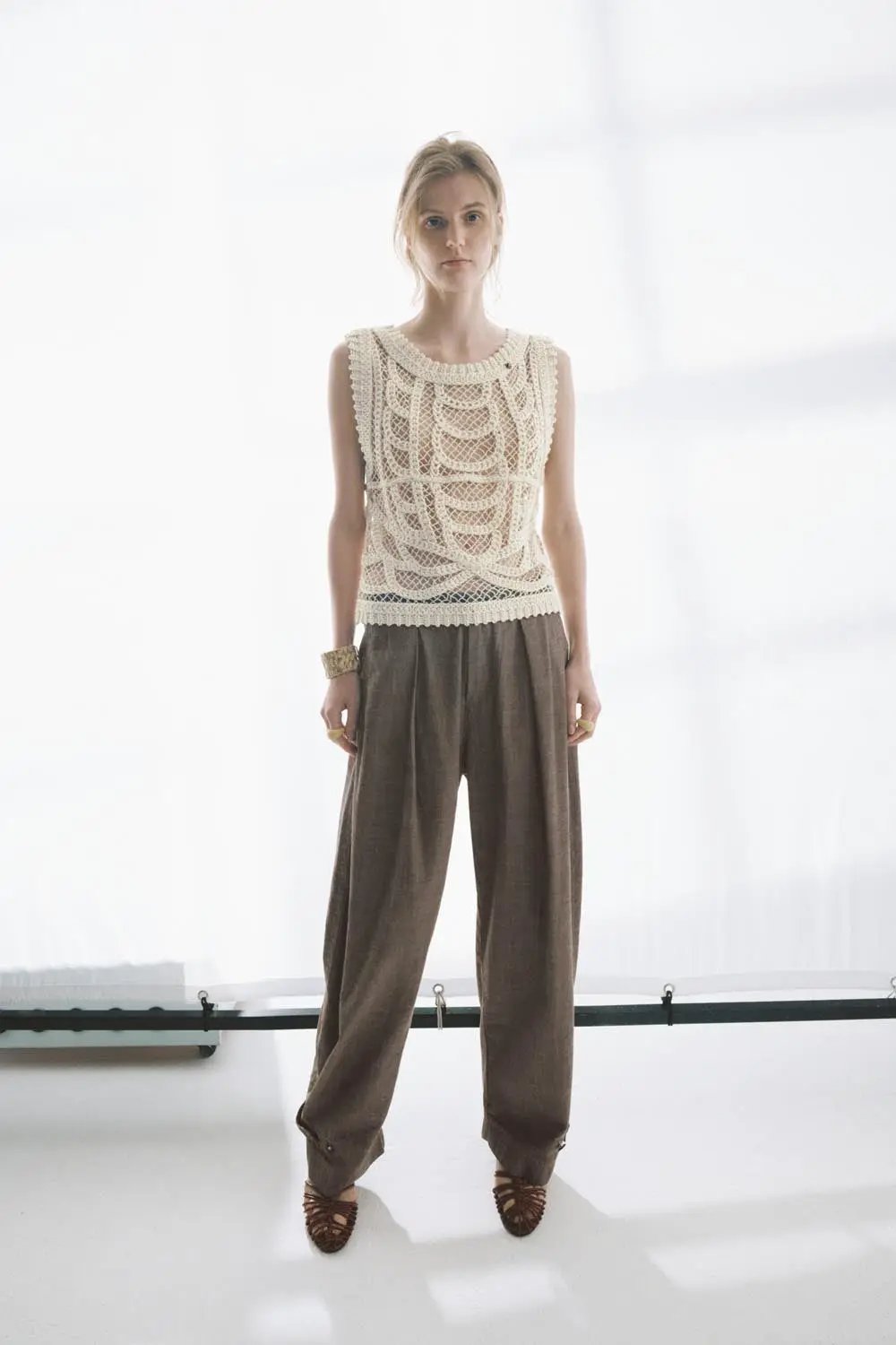 Textured Openwork Crochet Knit Cotton T-shirt