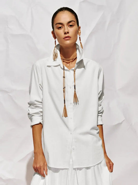 Contrast Collar Long Sleeve Button Down Loose Fit Shirt