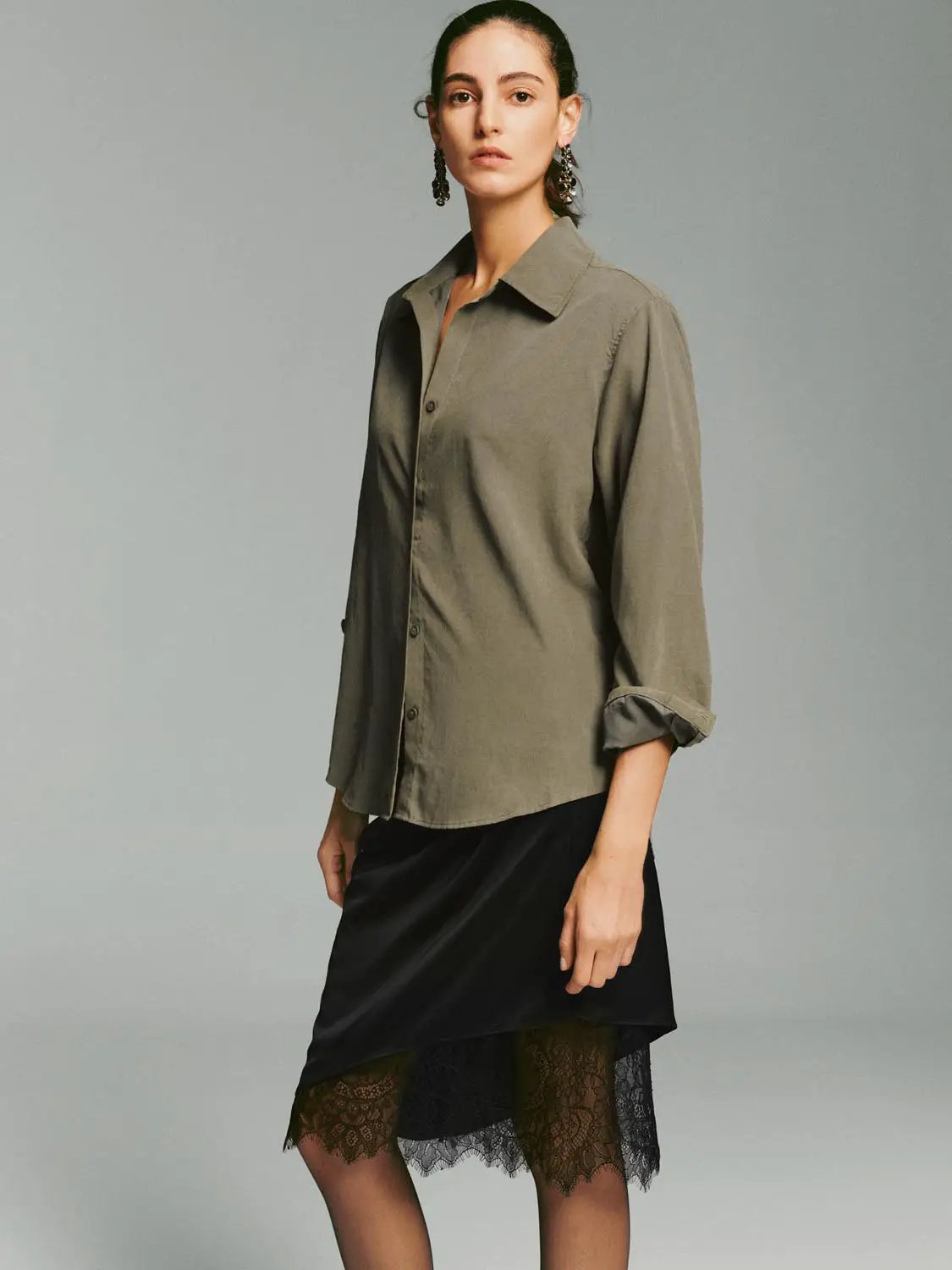 Long Sleeve Shirt Collar Regular Fit Asymmetric Hem Shirt