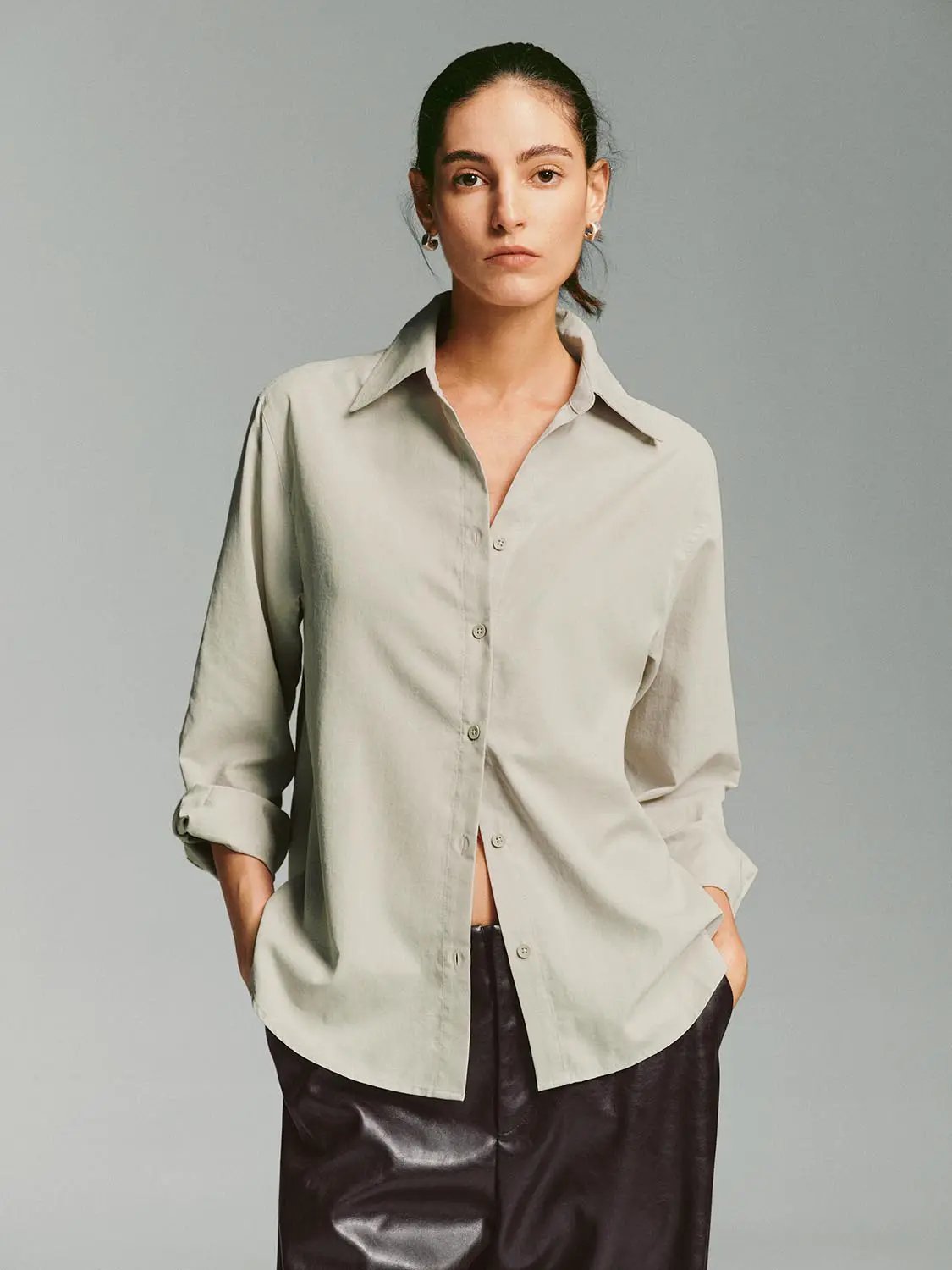 Long Sleeve Shirt Collar Regular Fit Asymmetric Hem Shirt