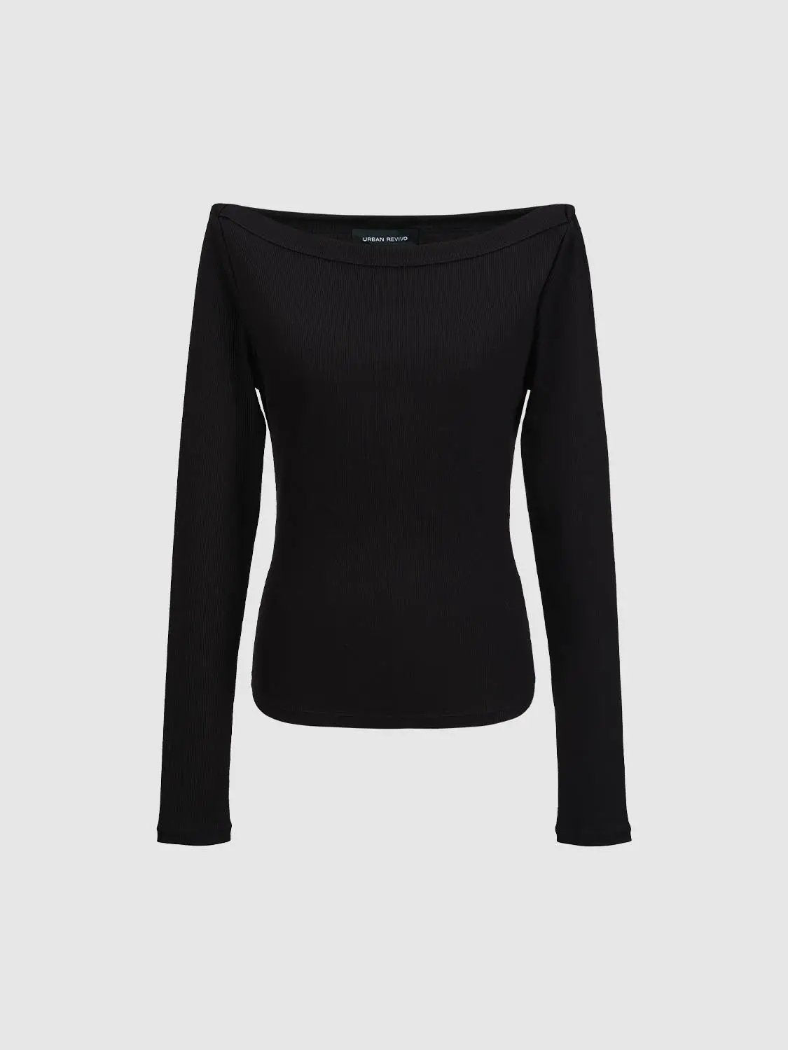 Off Shoulder Curved Hem Long Sleeve Cotton Blend T-Shirt