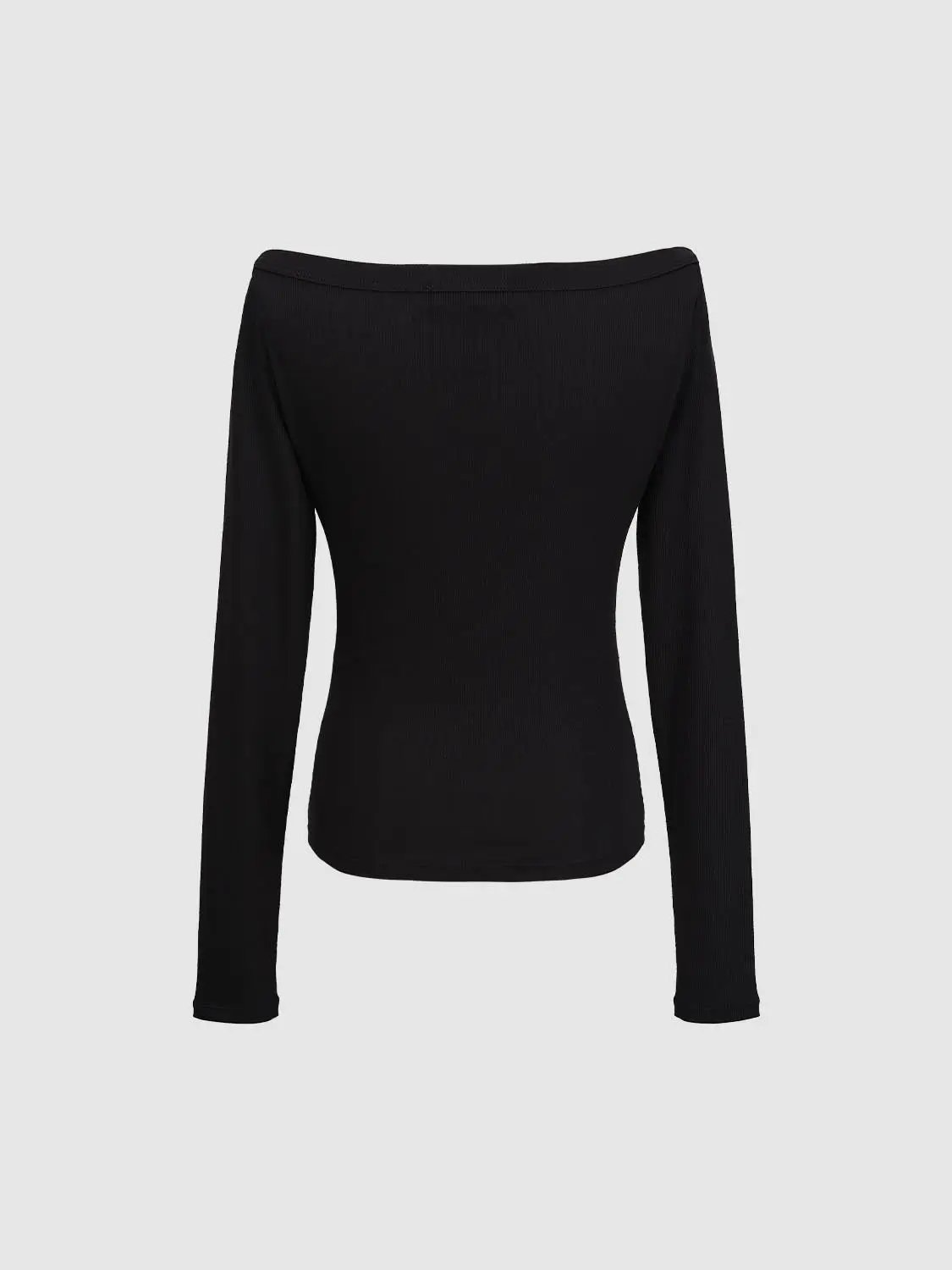 Off Shoulder Curved Hem Long Sleeve Cotton Blend T-Shirt