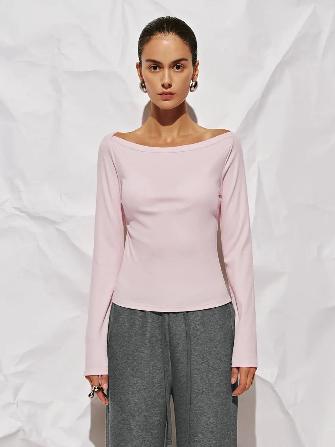 Off Shoulder Curved Hem Long Sleeve Cotton Blend T-Shirt