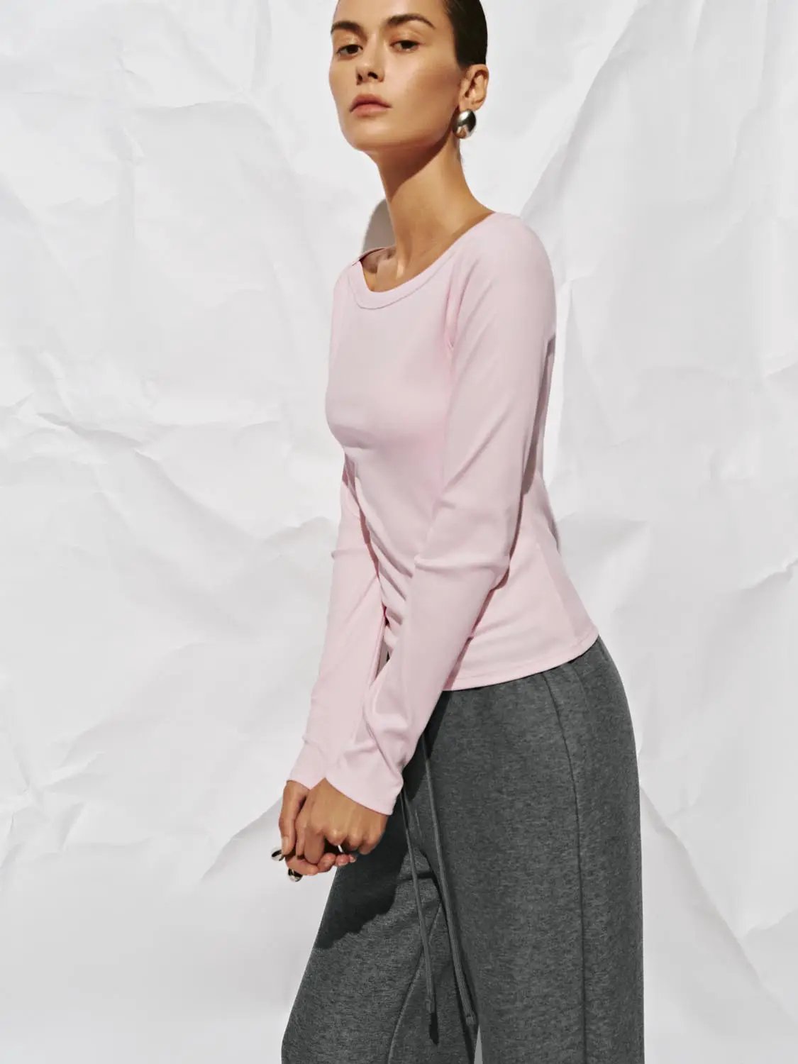 Off Shoulder Curved Hem Long Sleeve Cotton Blend T-Shirt