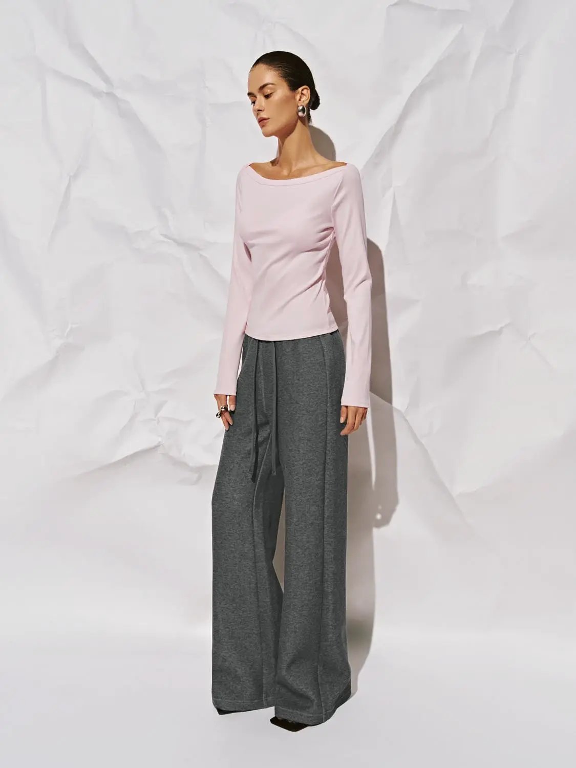 Off Shoulder Curved Hem Long Sleeve Cotton Blend T-Shirt