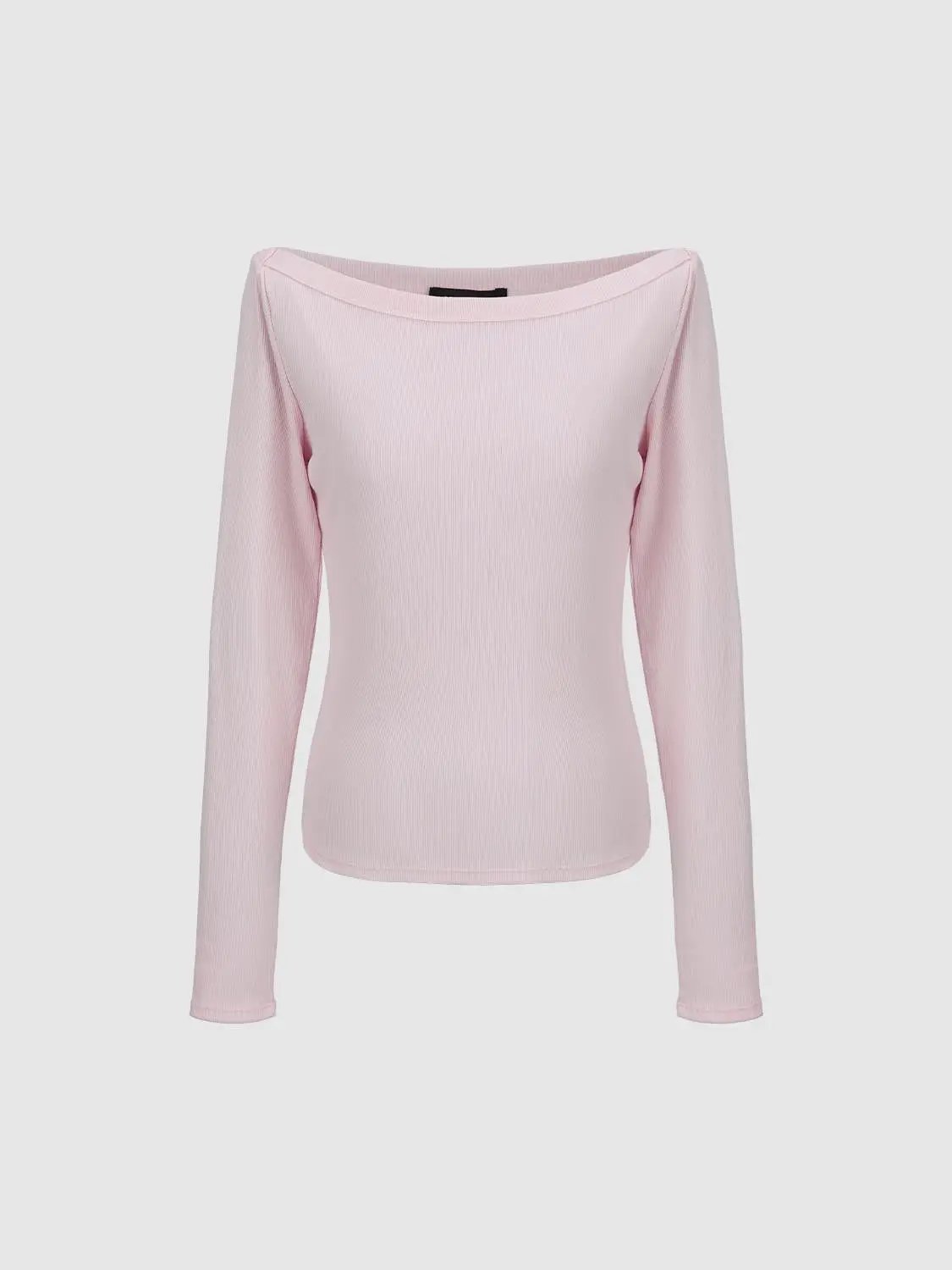 Off Shoulder Curved Hem Long Sleeve Cotton Blend T-Shirt