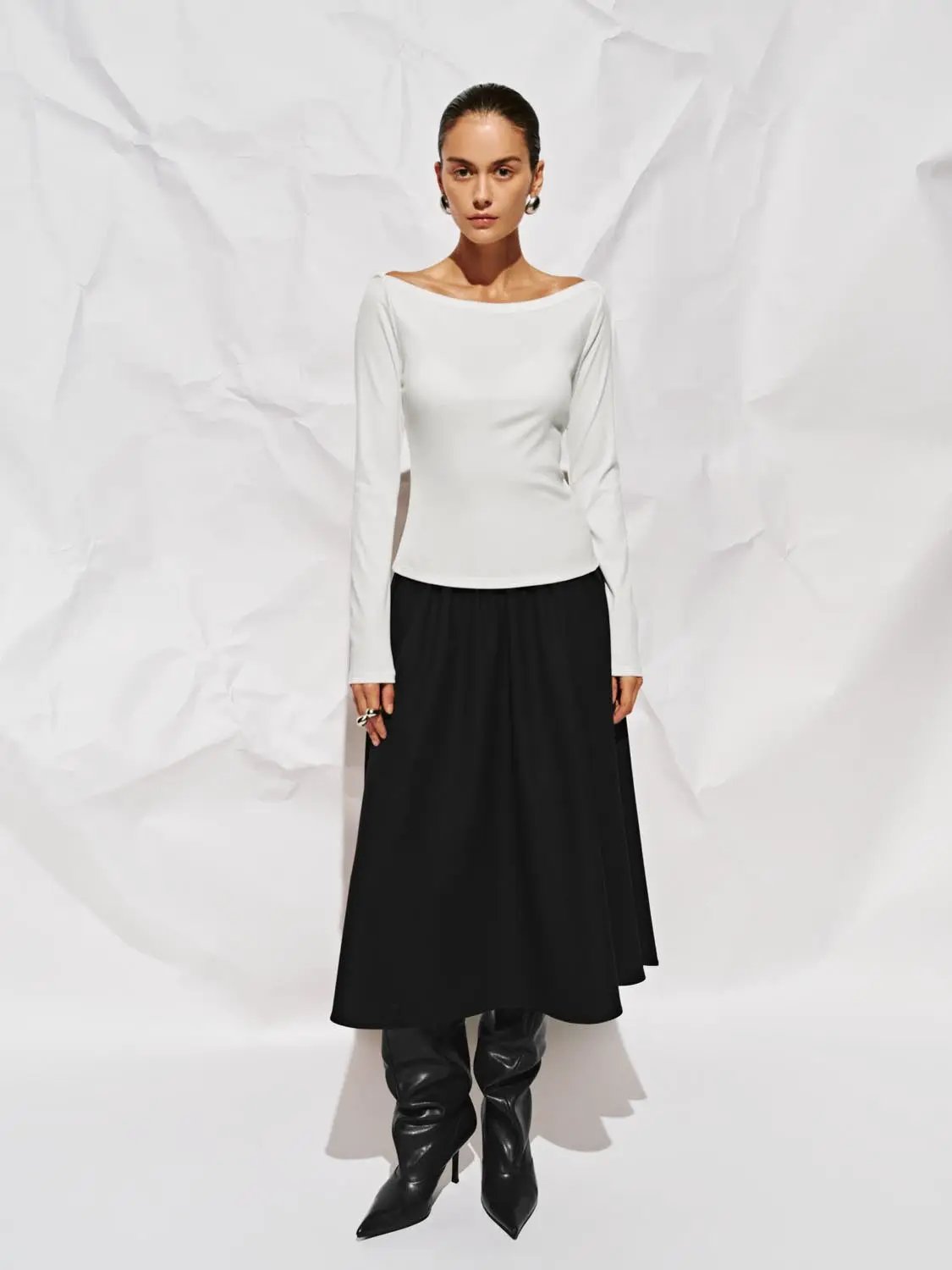 Off Shoulder Curved Hem Long Sleeve Cotton Blend T-Shirt