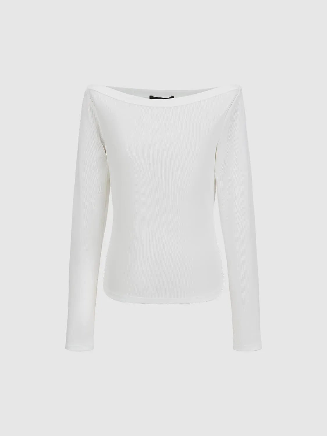 Off Shoulder Curved Hem Long Sleeve Cotton Blend T-Shirt