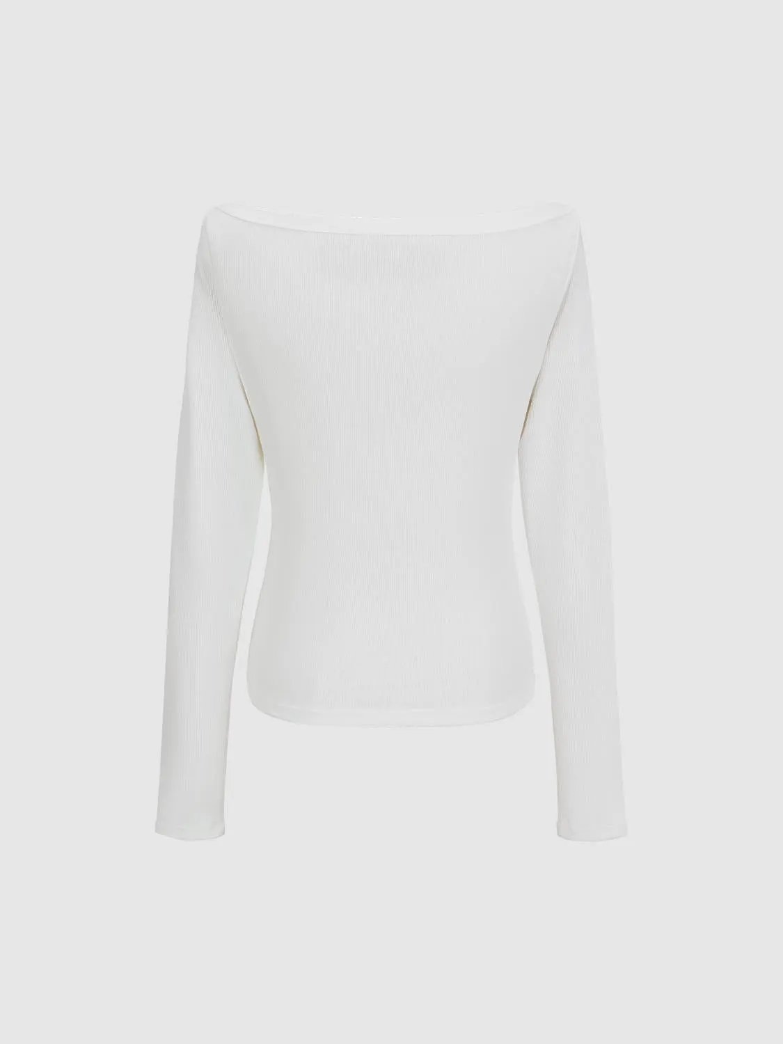 Off Shoulder Curved Hem Long Sleeve Cotton Blend T-Shirt