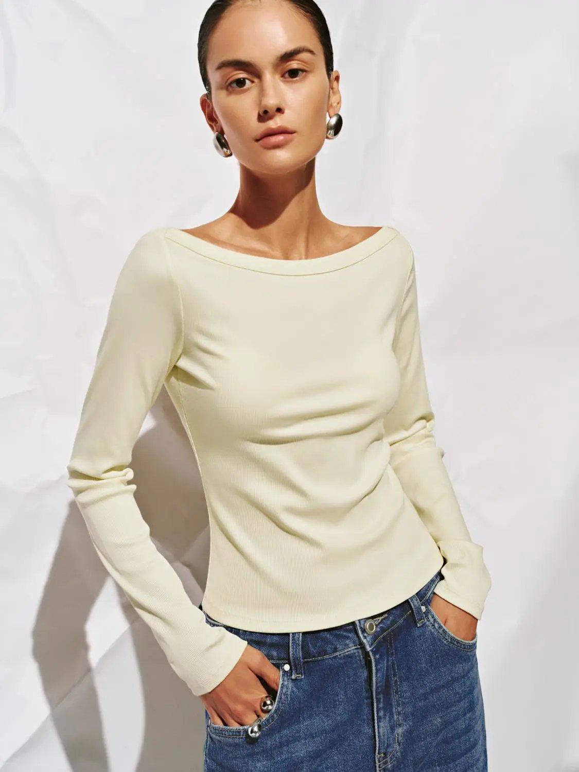Off Shoulder Curved Hem Long Sleeve Cotton Blend T-Shirt