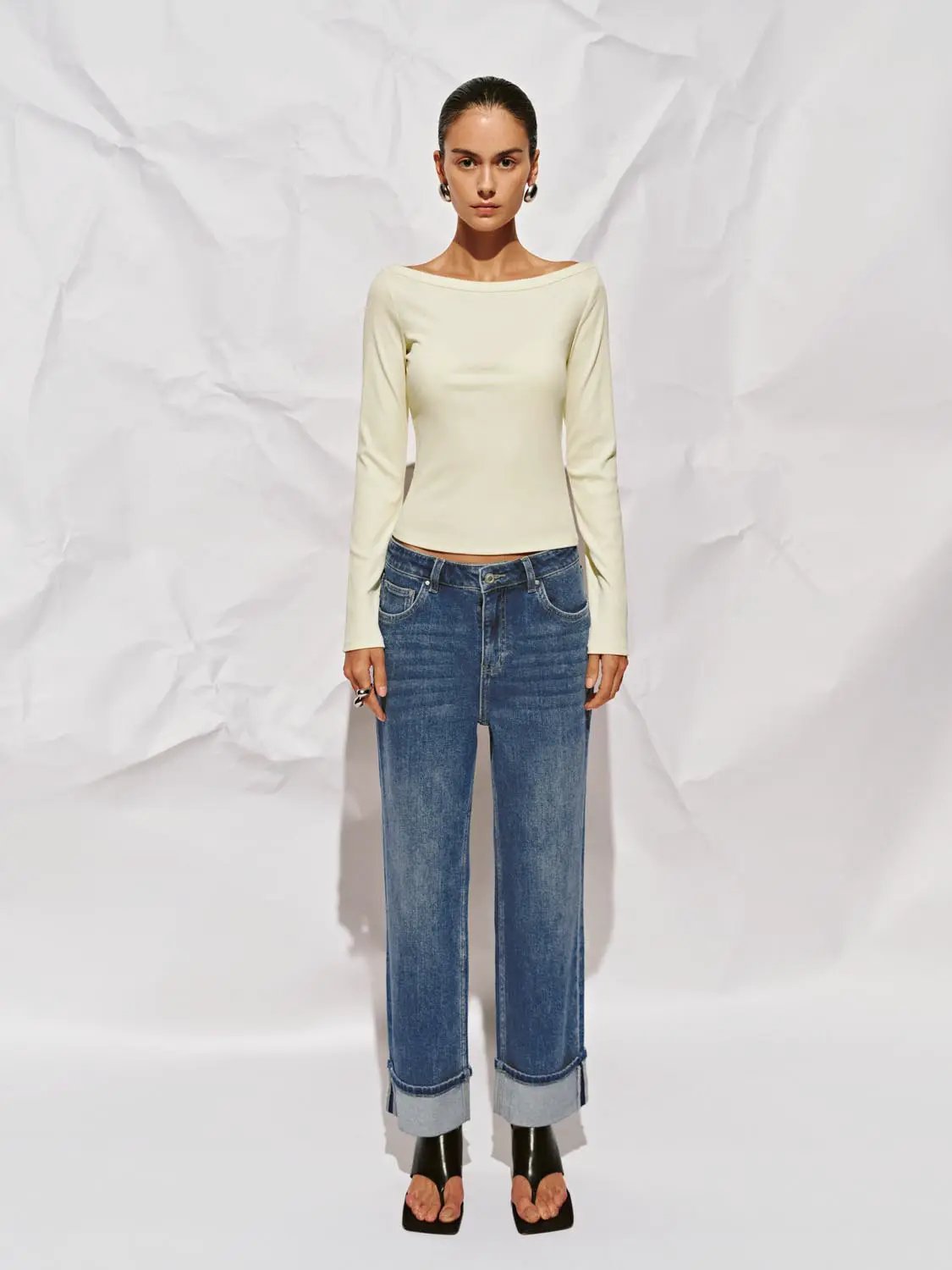 Off Shoulder Curved Hem Long Sleeve Cotton Blend T-Shirt