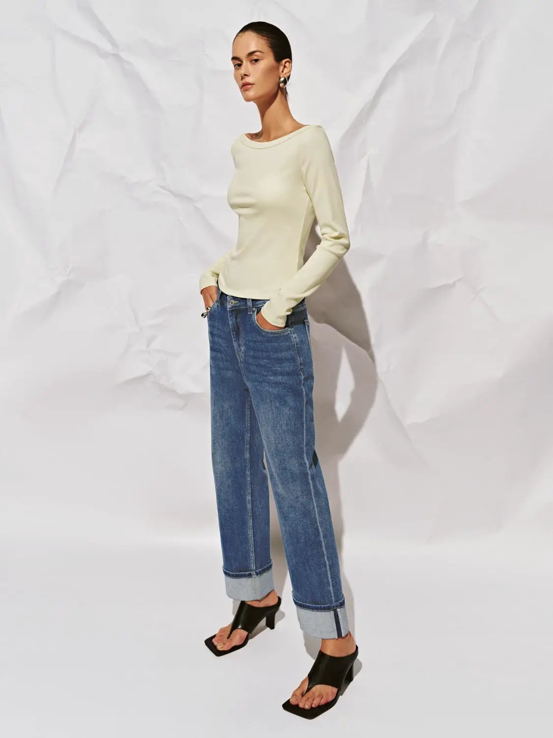 Off Shoulder Curved Hem Long Sleeve Cotton Blend T-Shirt