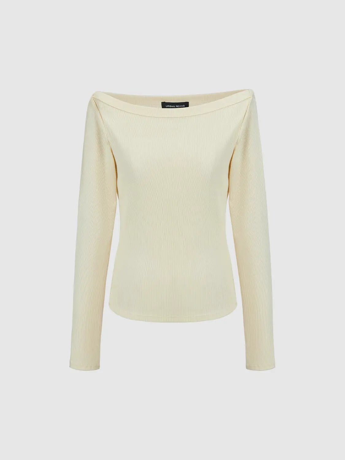 Off Shoulder Curved Hem Long Sleeve Cotton Blend T-Shirt