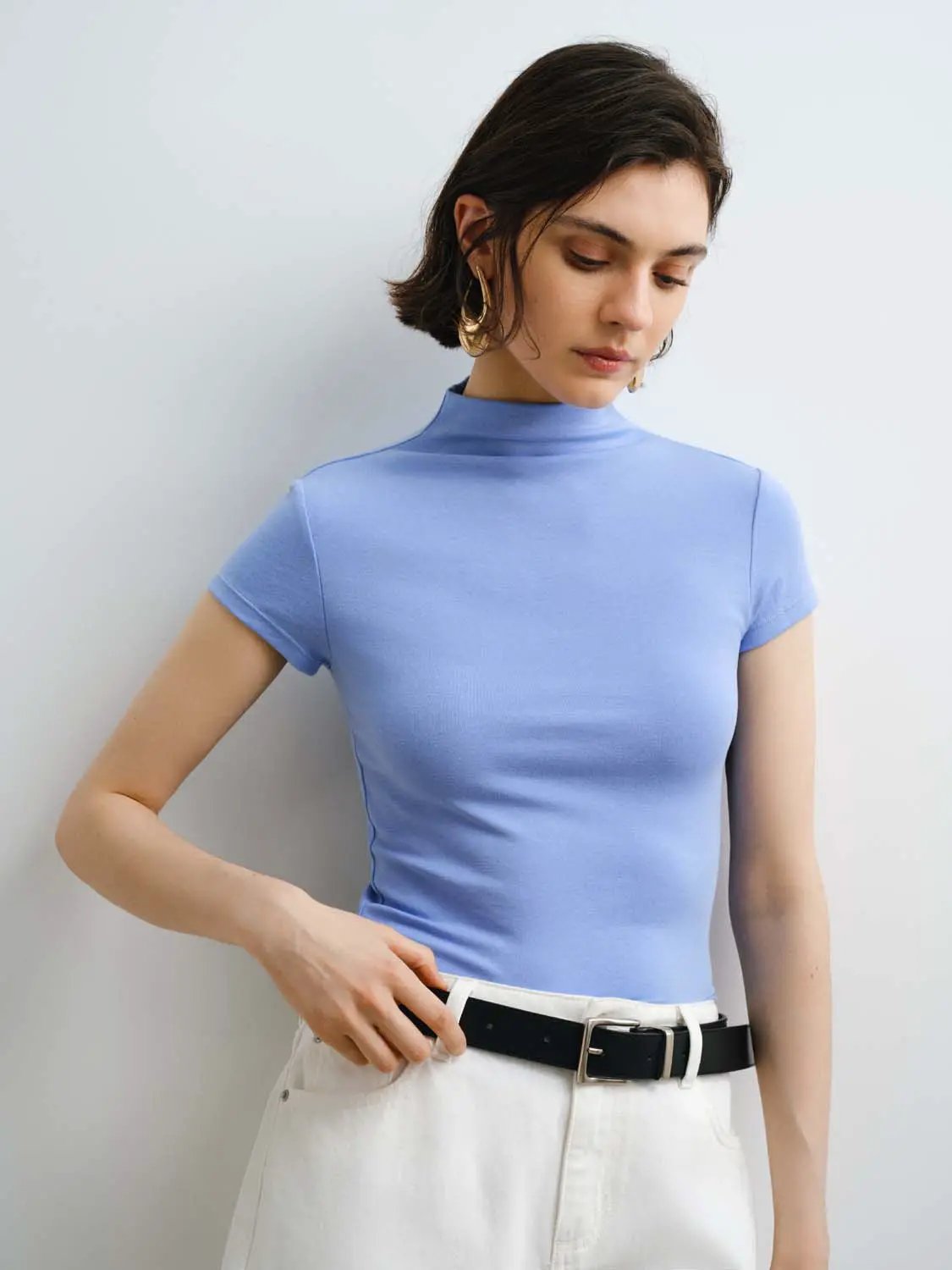 Mock Neck Short Sleeve Seamed Fitted Knit Top