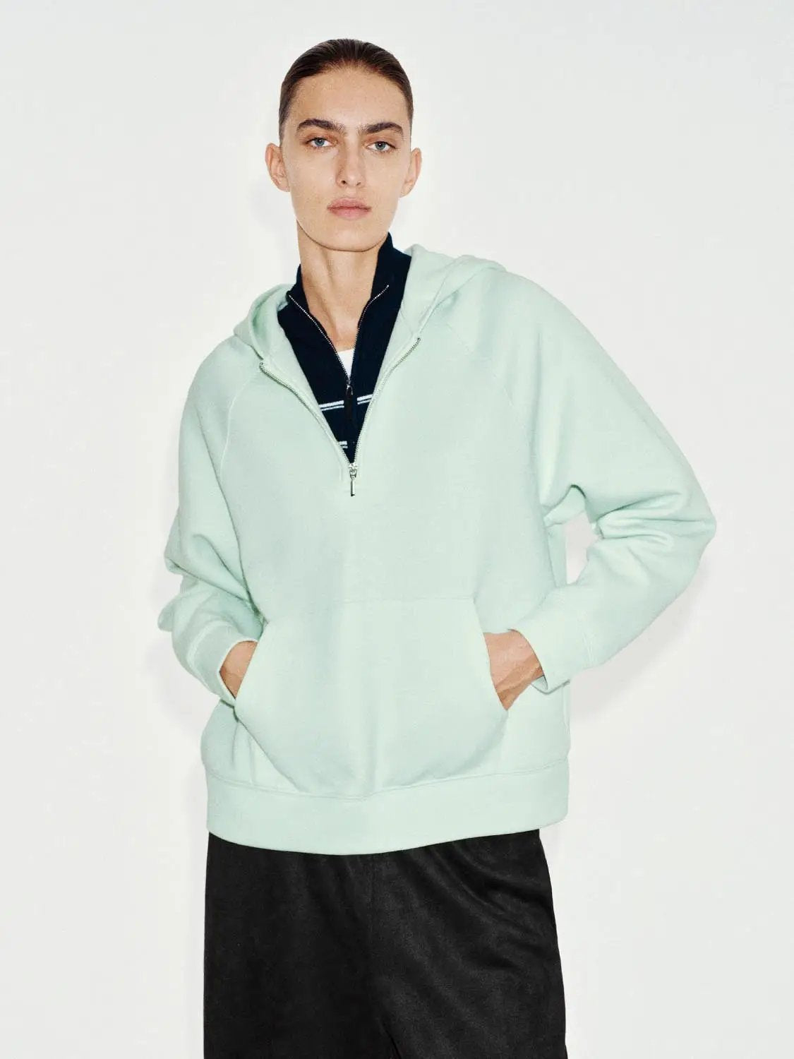 Cotton Blend Half-zip Raglan Long Sleeve Hoodie
