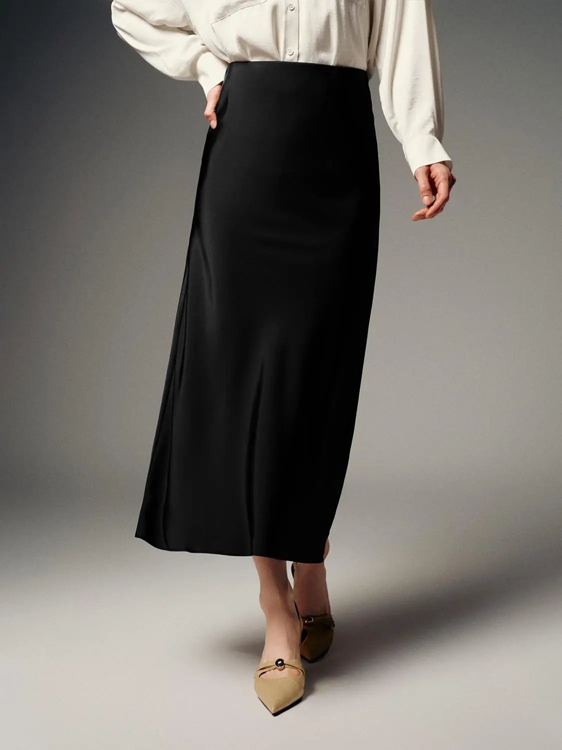 Satin Finish High Waist Fishtail Elegant Midi Skirt