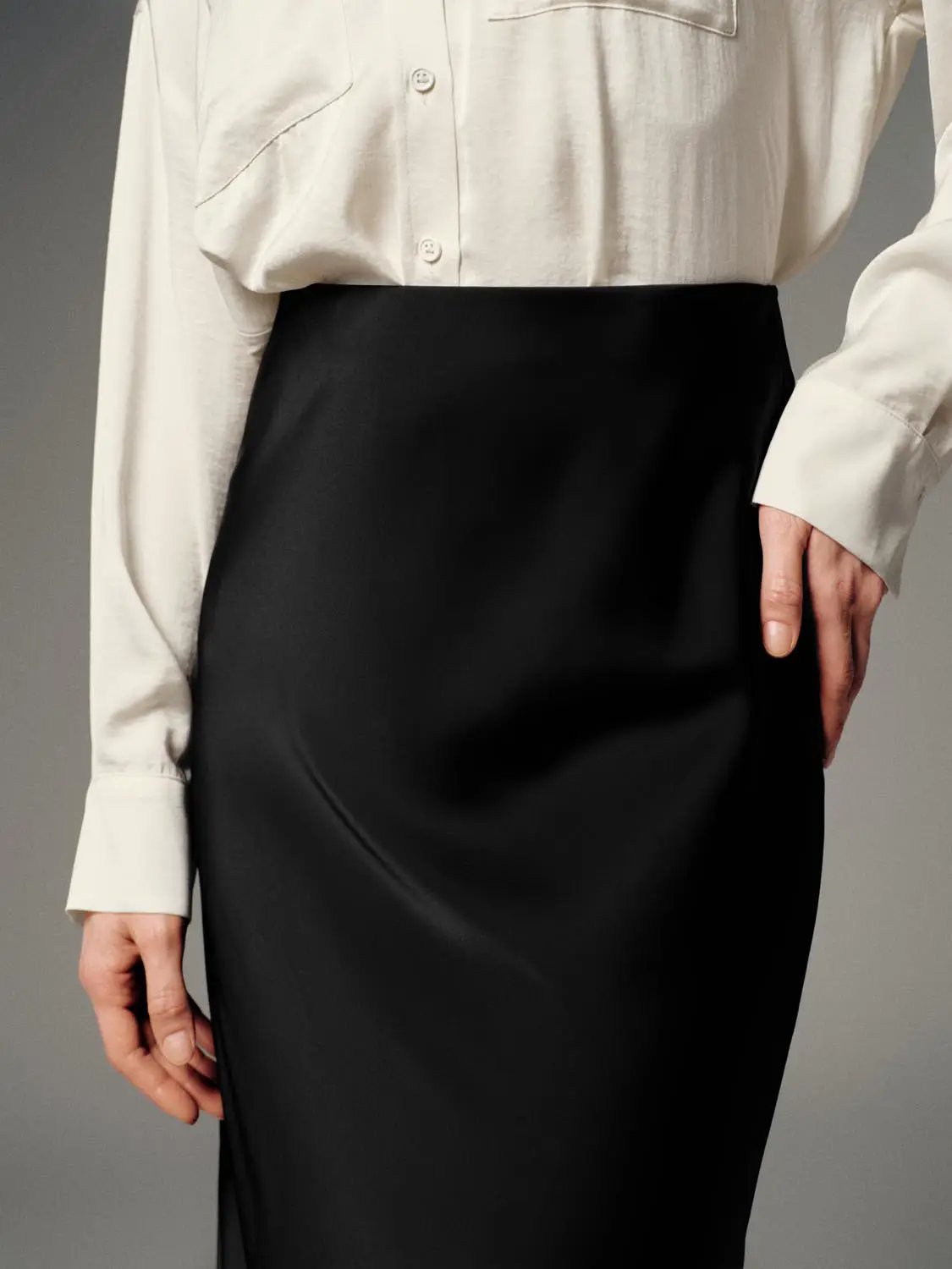 Satin Finish High Waist Fishtail Elegant Midi Skirt