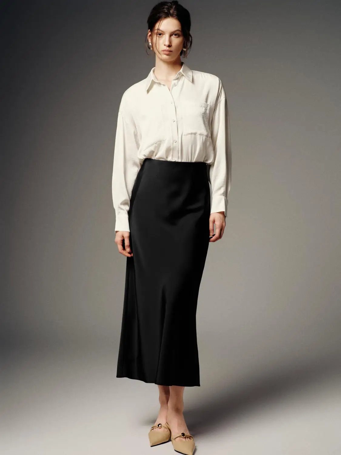 Satin Finish High Waist Fishtail Elegant Midi Skirt