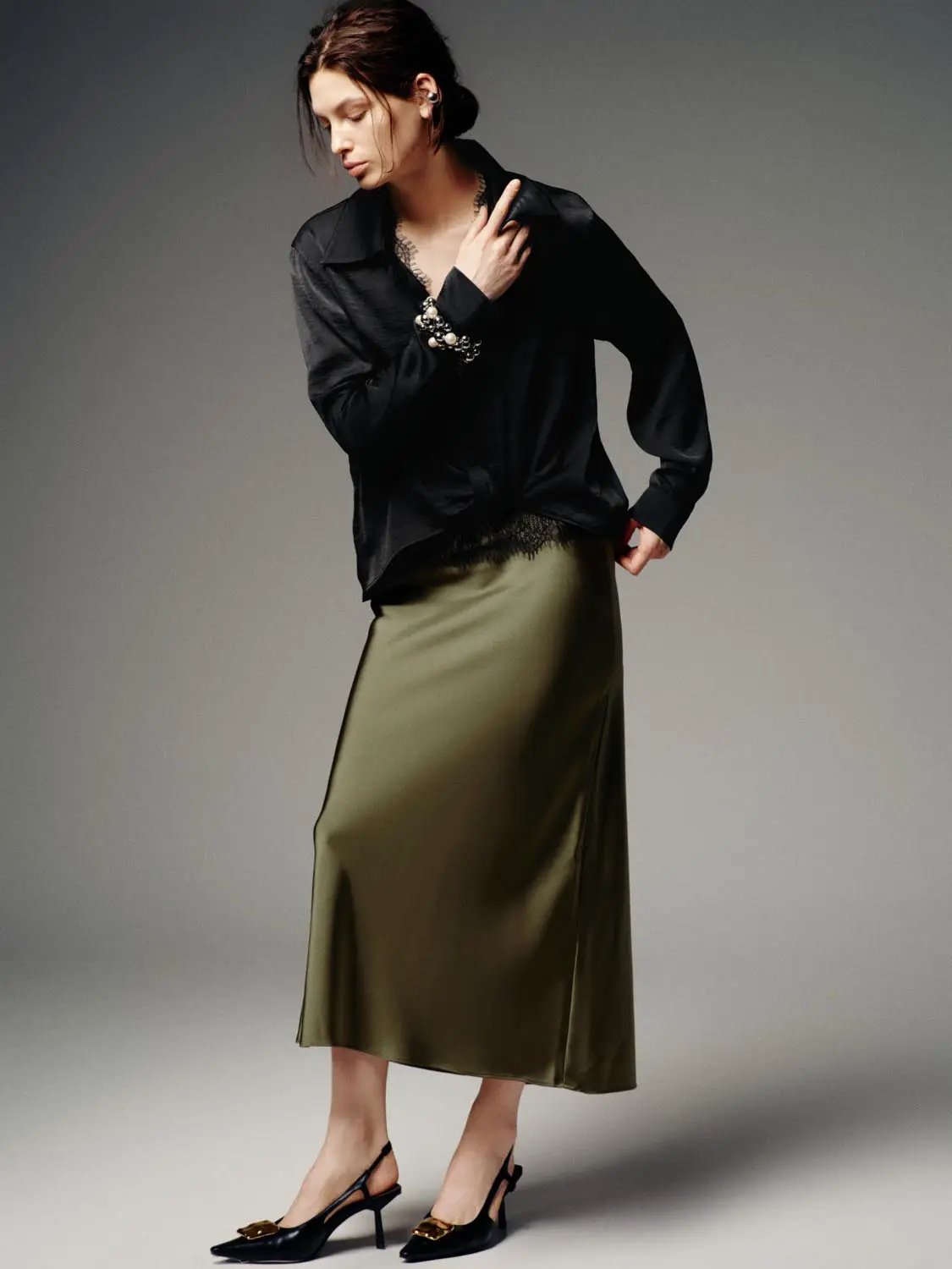 Satin Finish High Waist Fishtail Elegant Midi Skirt