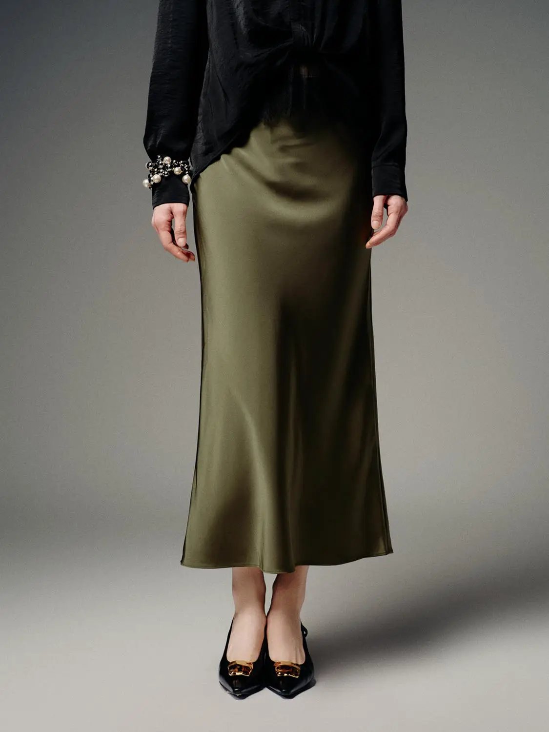 Satin Finish High Waist Fishtail Elegant Midi Skirt