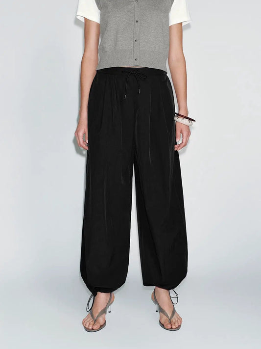 Drawstring Waist Loose Wide Leg Stretch Fabric Pants