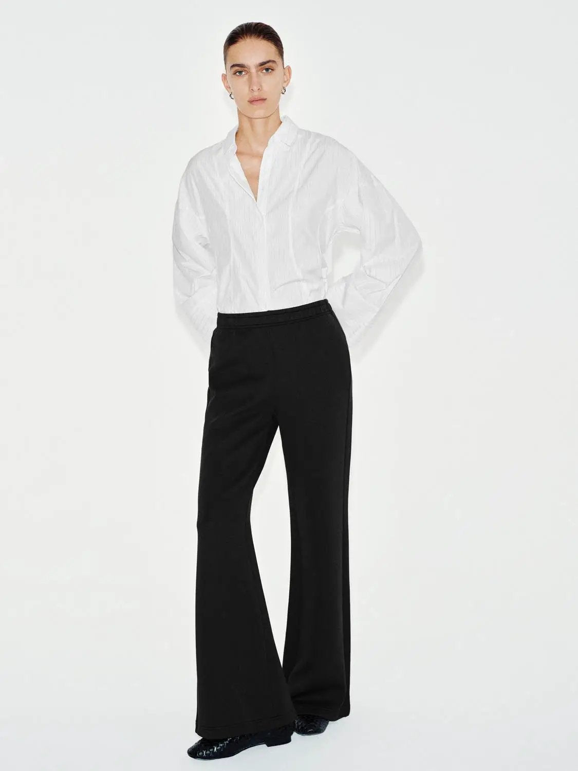 Solid Flared Elastic Waist Cotton Blend Pants