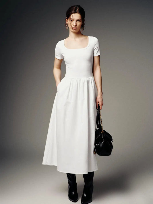 Scoop Neck Pocket Design Knit Cotton Short Sleeve Midi Dress