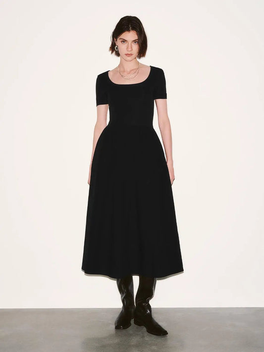 Square Neck Short Sleeve Knit A Line Midi Swing Dress