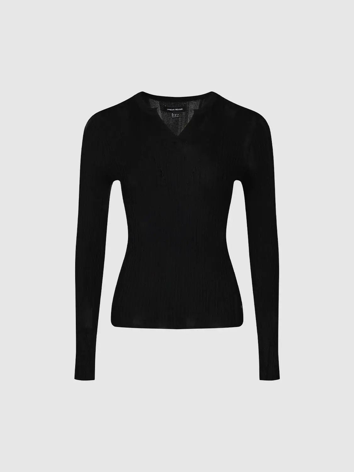 Fitted Textured Knit V-neck Long Sleeve Pullover