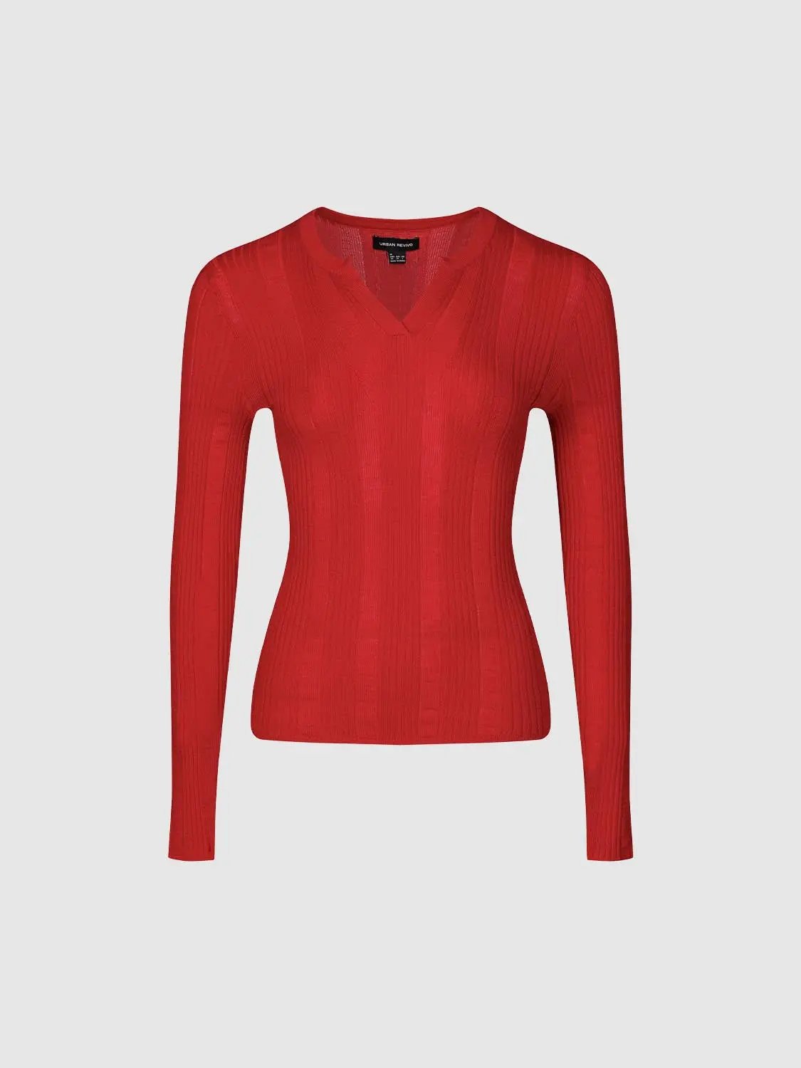 Fitted Textured Knit V-neck Long Sleeve Pullover
