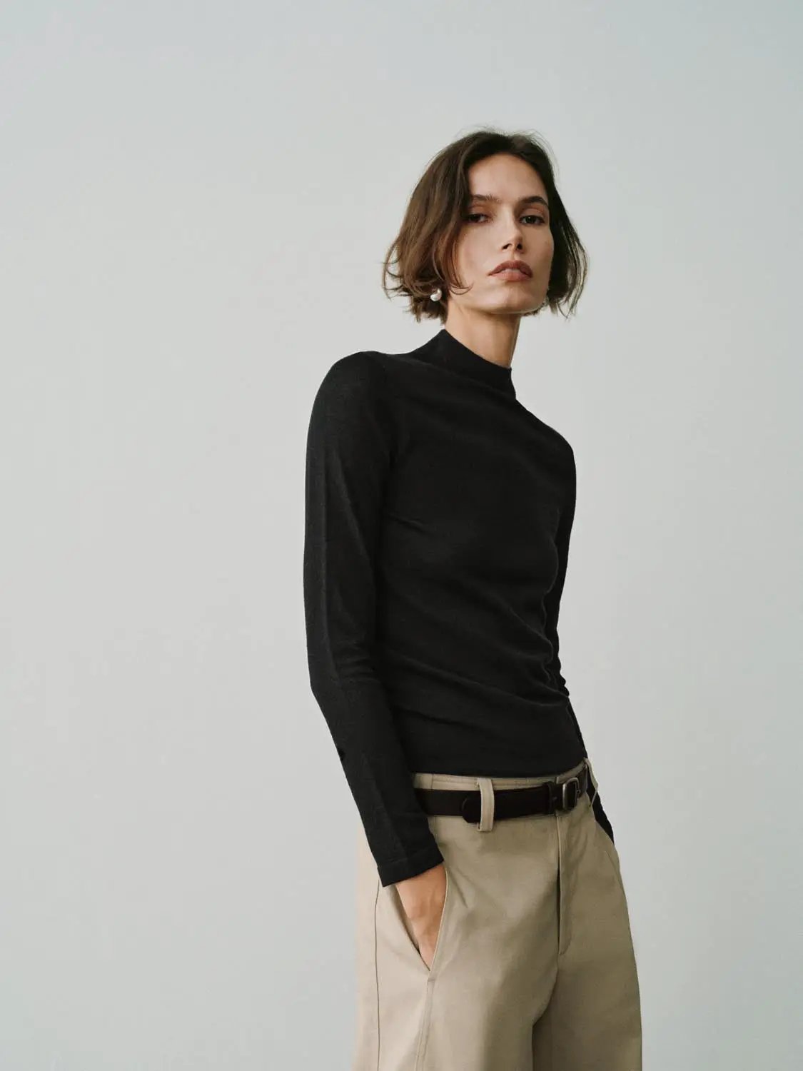 Heather Mock Neck Long Sleeve Knit T-Shirt