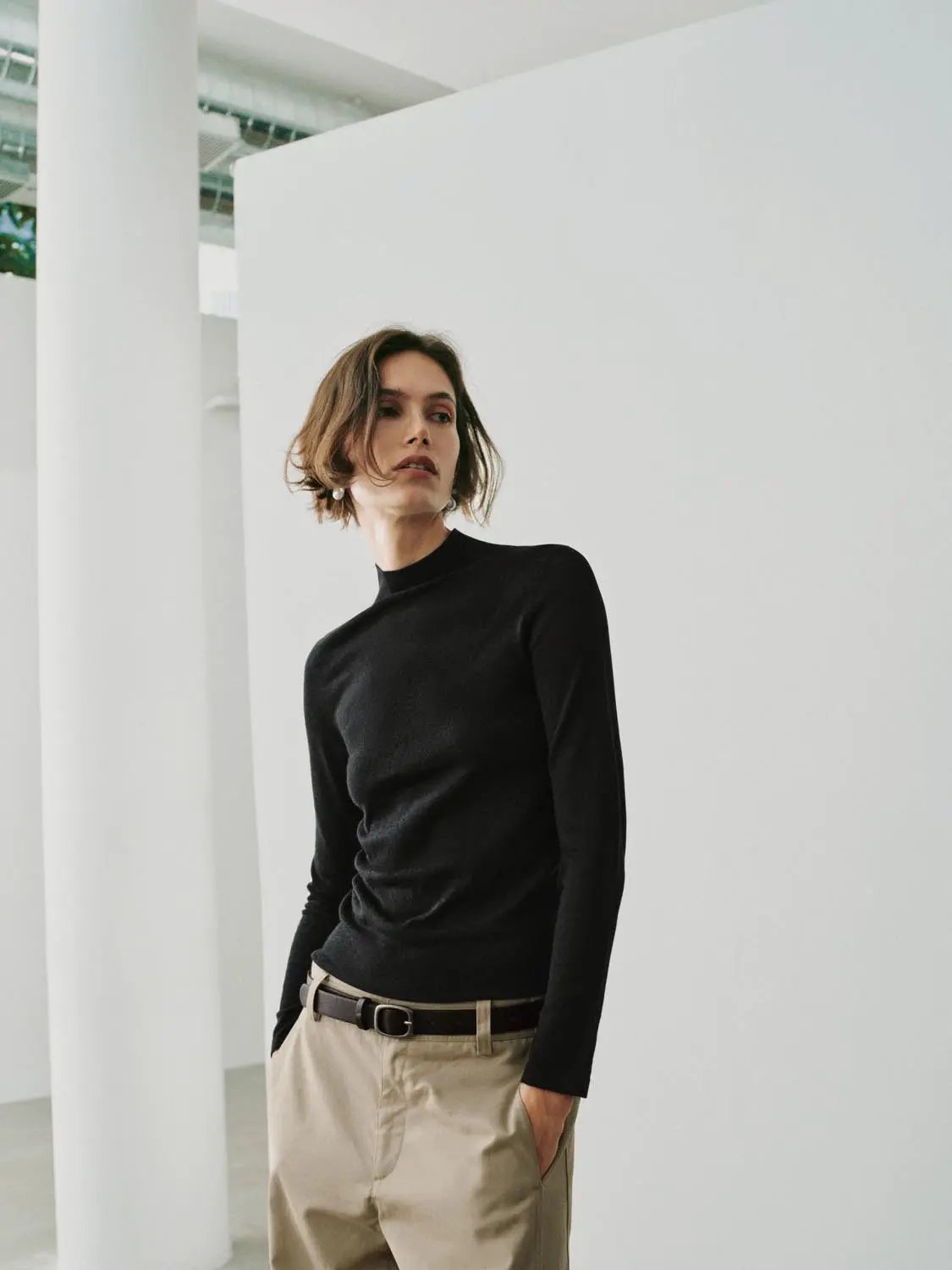 Heather Mock Neck Long Sleeve Knit T-Shirt