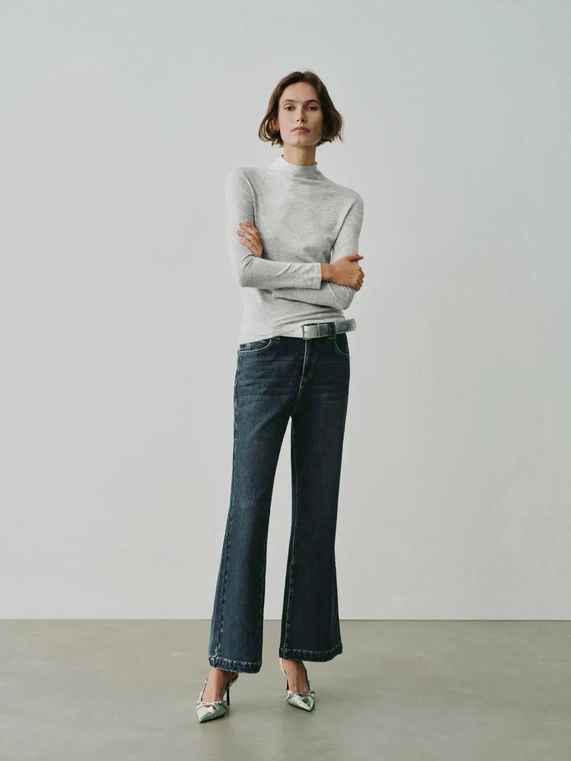 Heather Mock Neck Long Sleeve Knit T-Shirt