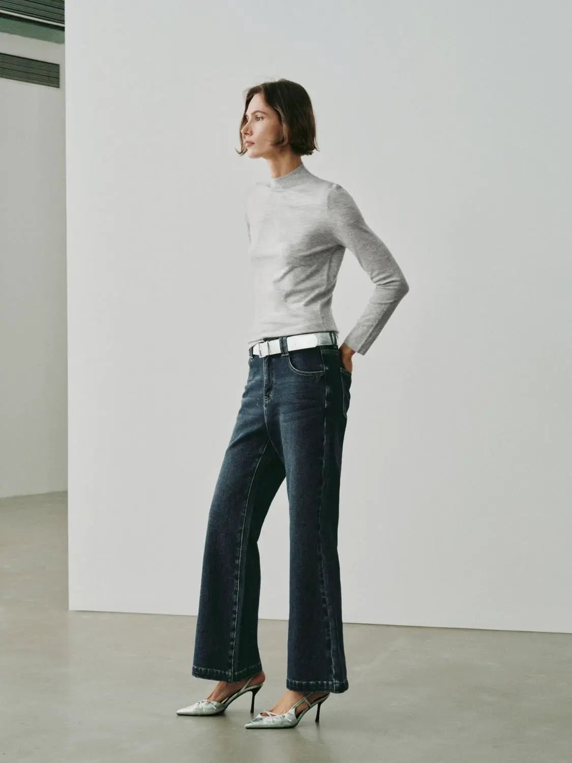 Heather Mock Neck Long Sleeve Knit T-Shirt